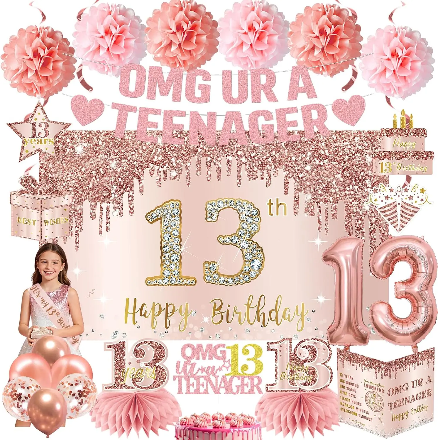 13th Birthday Decorations for Girls, 24PCS Pink Birthday Party Decor Set with Cake Topper, Sash, Banner, Backdrop, Balloons, Honeycomb Centerpieces & Hanging Swirls