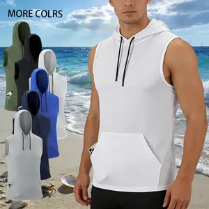 Summer ice silk quick drying hooded men's sleeveless vest, breathable and cool, versatile sleeveless vest for fitness, running, loose and fashionable casual sports
