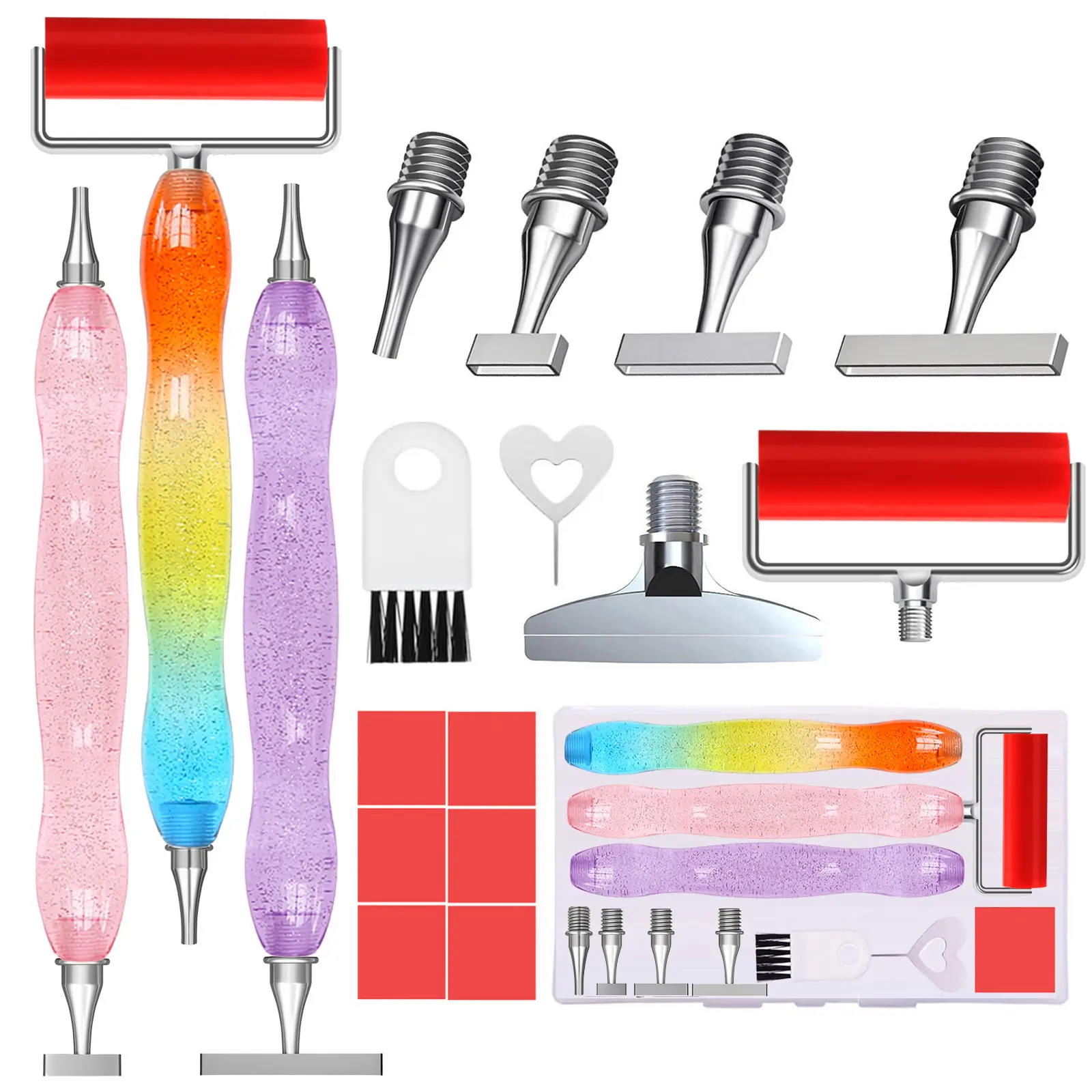 ZYNYXY 17PCS Ergonomic Diamond Art Pen Crafting Kit with Multifunctional Stainless Steel Screw Thin Tips (1,3,6,9), Correction Placers, Roller Accessories (E-Purple+Pink+Color, 5 Extra Tips), Steel Tip