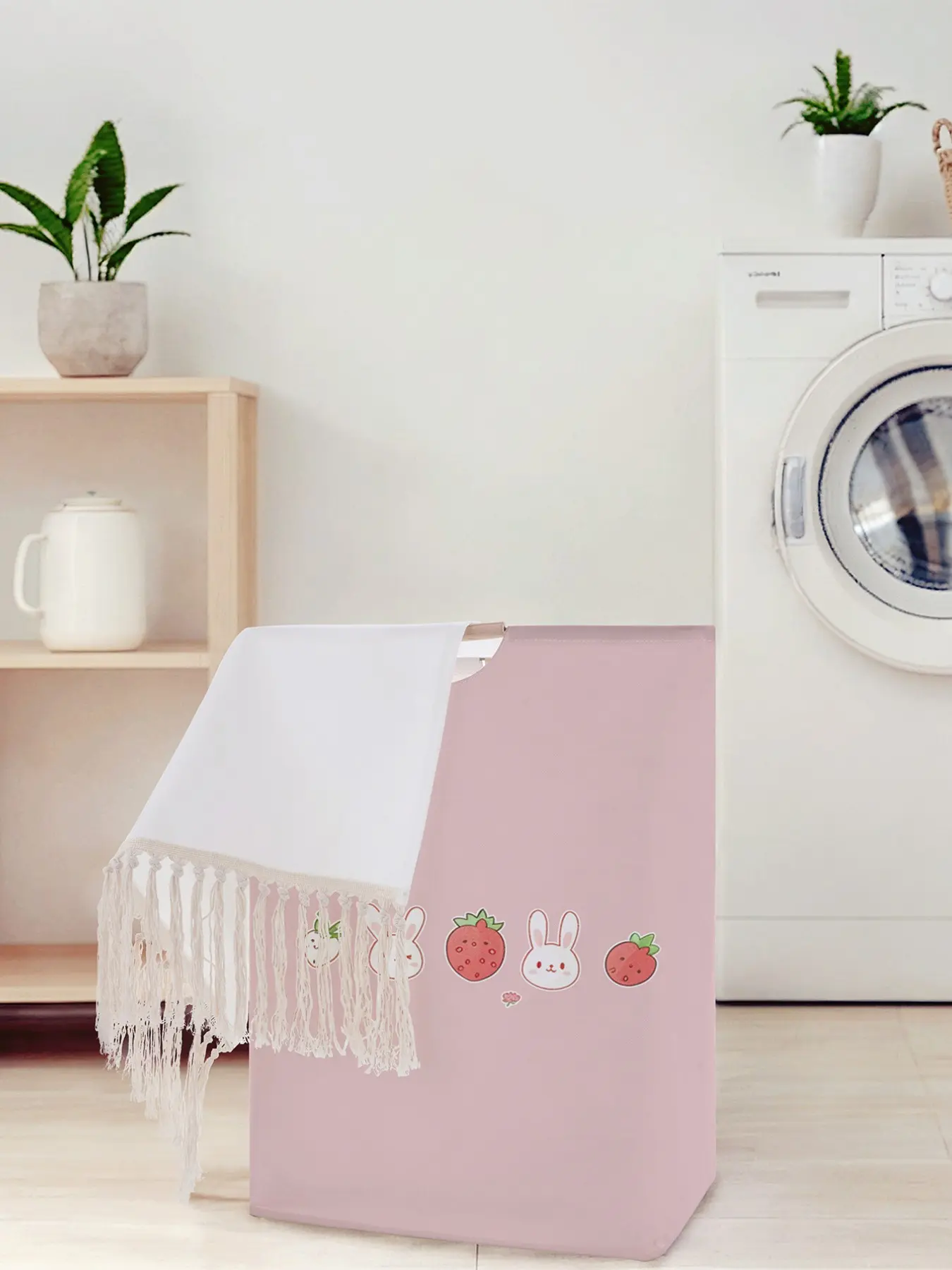 Foldable Rabbit Strawberry Pattern Storage Basket with Handles, Open Design Laundry Basket for Home Use, Ideal for Bathroom & Organizing, Collapsible Laundry Hamper