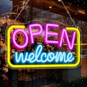Open Welcome LED Neon Signs for Business, 16"X 9" Bright LED Neon Open Sign Powered by USB with ON/OFF Switch, Adjustable Brightness Open Sign for Bars, Hotel, Stores, Coffee, Window, Wall, Party Custom Night Light Cool White Light Flexible Neon Decorativ