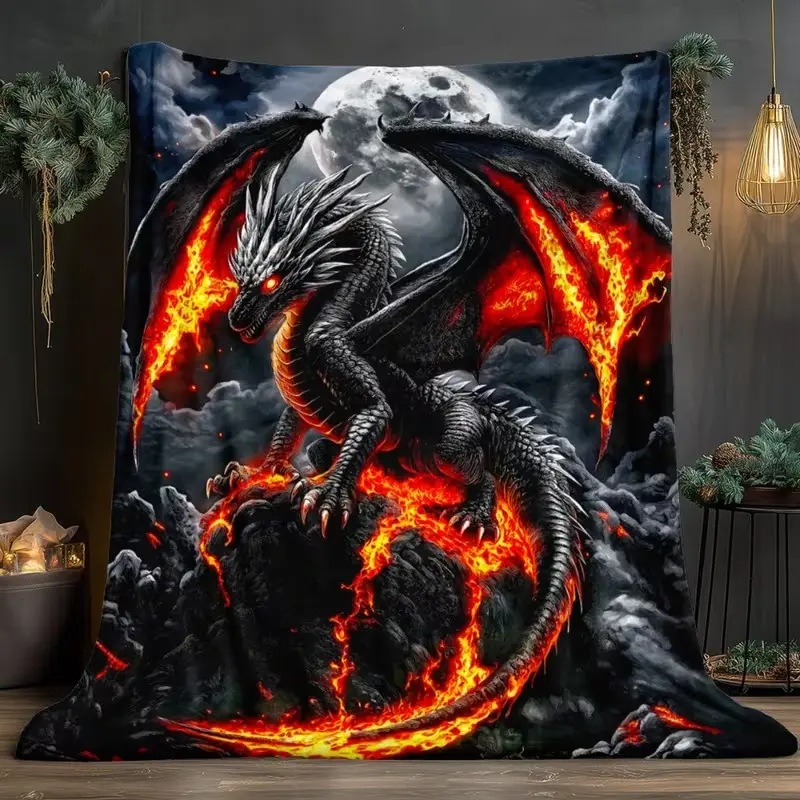 Mythical Creatures Blazing Dark Dragon Print Flannel Fabric Throw Blanket - Soft, Warm, Lightweight Plush Wrap, Stain Resistant, Traditional Look, Ideal for Indoor Lounge & Outdoor Relaxation, Art Decor Gift for Fans