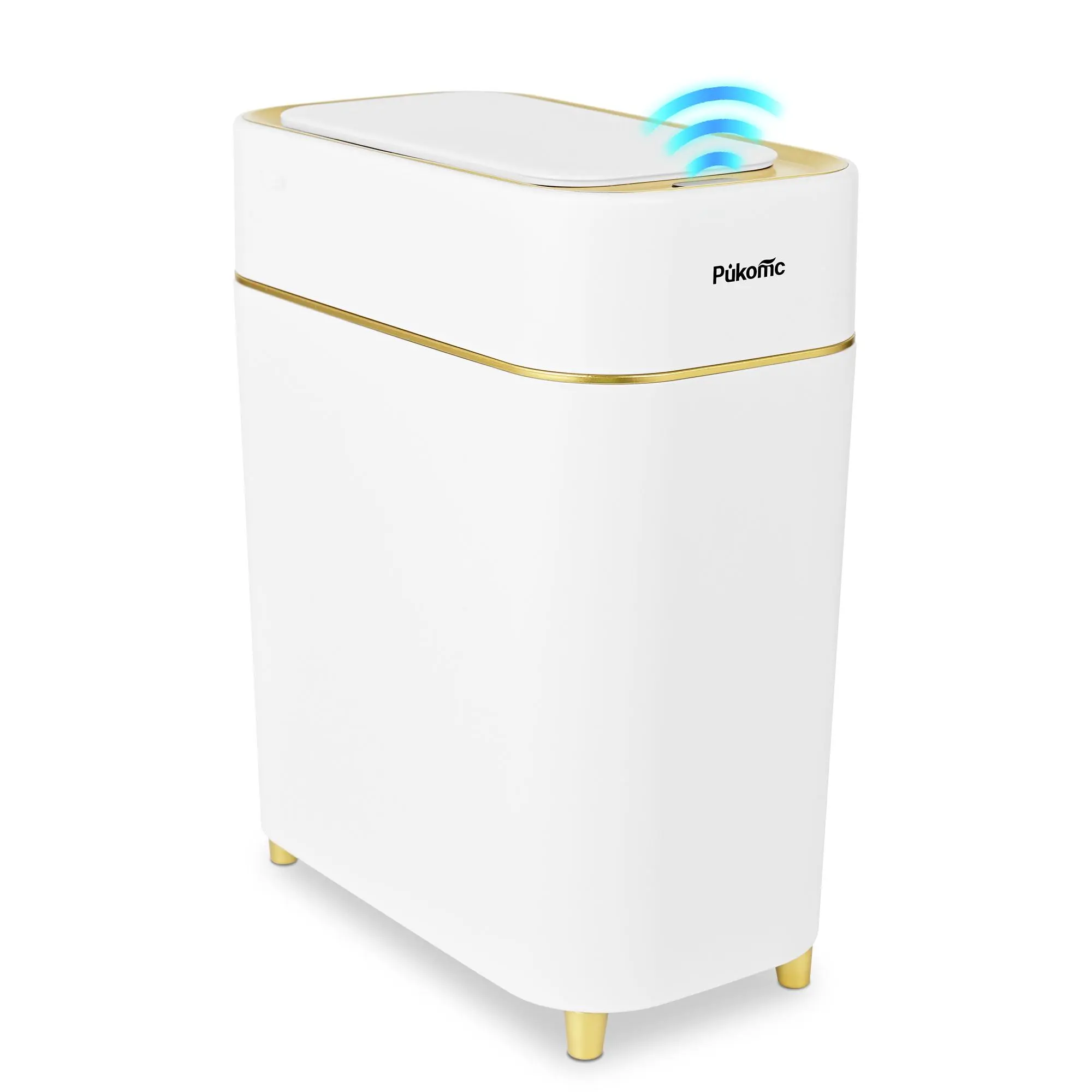 Pukomc Auto-Sensor Trash Bin - Wave & Knee Induction, Quick Voiceless Open, Removable Liner, Battery-Powered White Gold Automatic Dustbin,summerwins summerwins