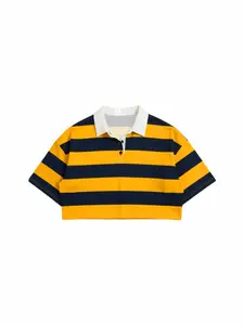 Vintage Colorblock Striped Loose Fit Casual Short Cropped Polo Shirt, High Waist Slimming Half Sleeve Street Style Top for Women