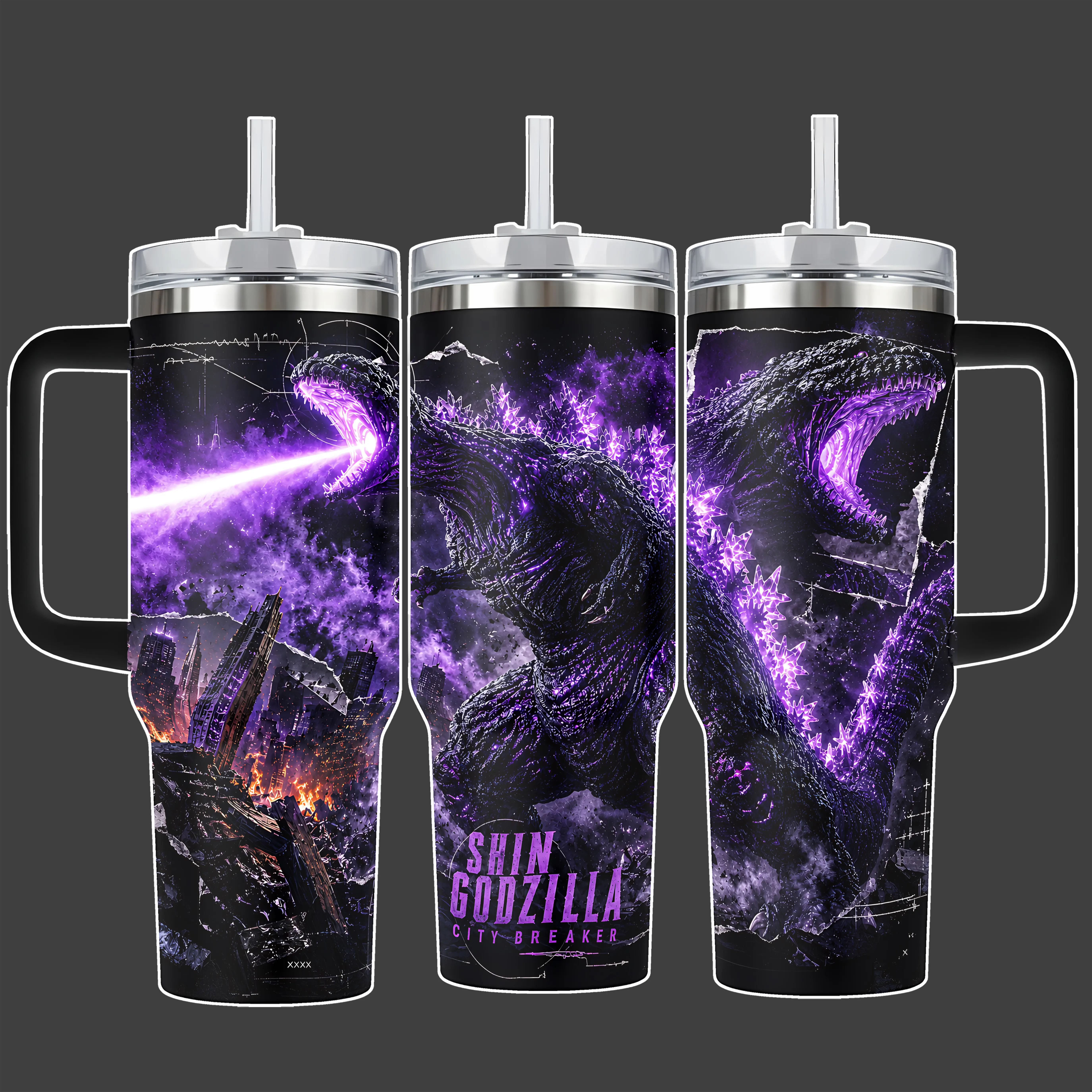 Shin Godzilla City Breaker Purple Atomic Breath Tumbler Cup, Kaiju Monster Full Wrap Stainless Steel Insulated Tumbler 20oz/40oz With Straw Lid Included, 40oz Handle Option