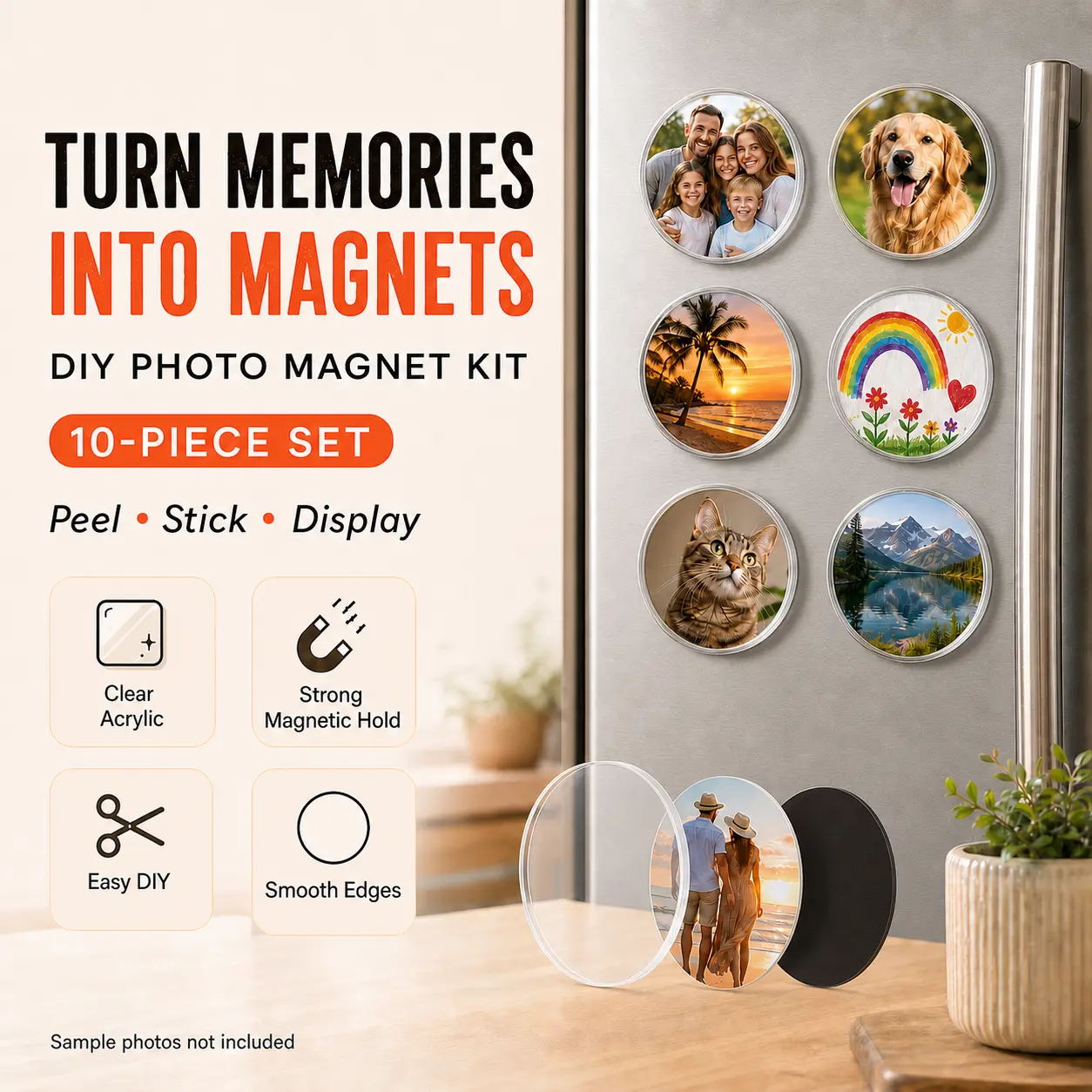 10-Pack & 20-Pack Clear Acrylic DIY Custom Photo Fridge Magnets with Self-Adhesive Backing, Magnetic Picture Frame Craft Kit