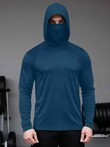 Men's Casual Hooded Long Sleeve T-Shirt with Face Mask, Quick-Dry Fabric, Full Head Coverage, Ideal for Fitness & Outdoor Adventures, Athletic Sports Clothing