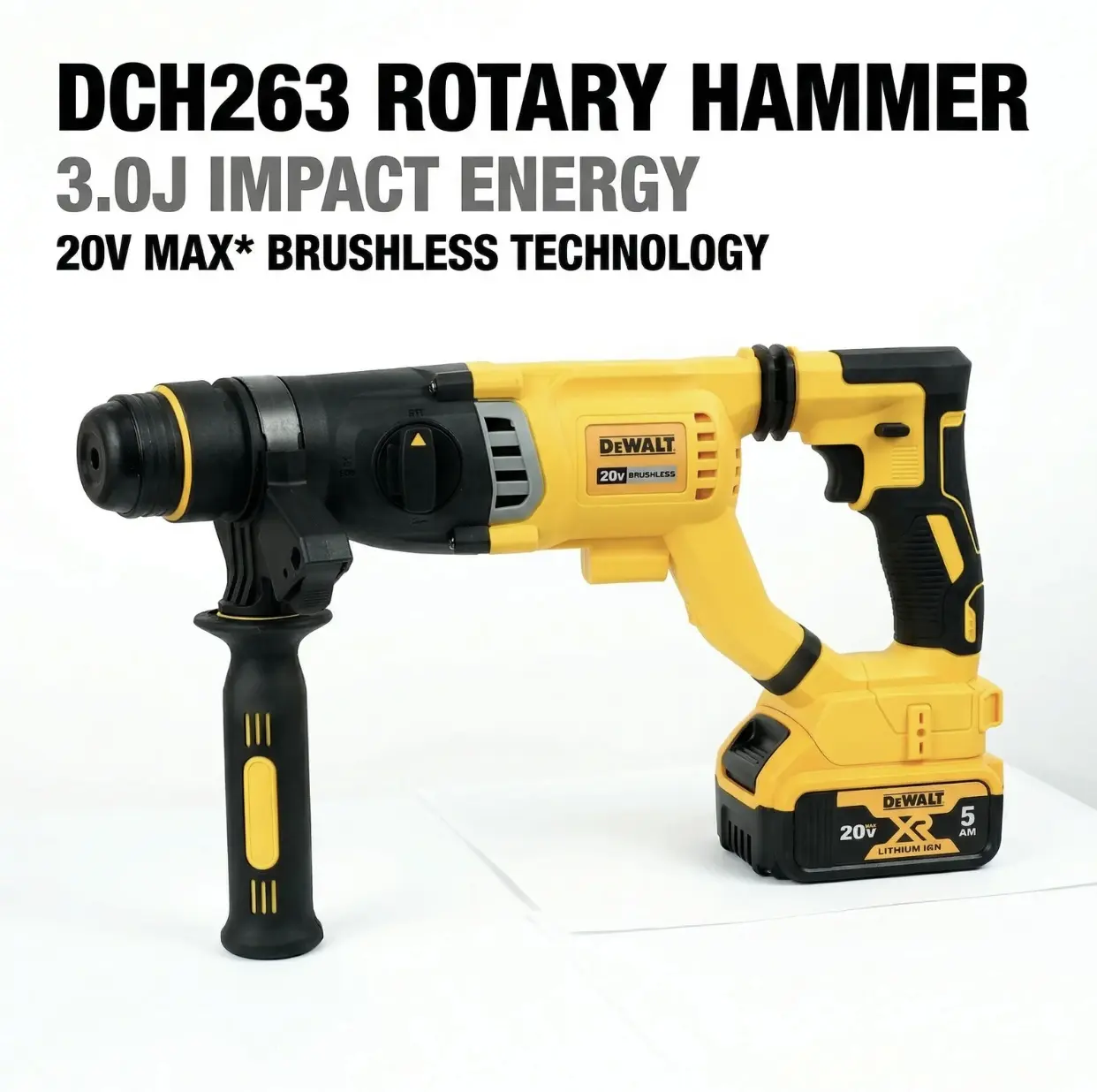 DEWALT DCH263 20V MAX XR Brushless Motor SDS Plus D-Handle Rotary Hammer Kit, Dual 6.0Ah Batteries, Rapid Charger – For Contractors, Concrete/Brick Drilling, Breaking, Chiseling (Includes Battery, Charger, & Tools), Drill/Concrete, A Battery A Charger And