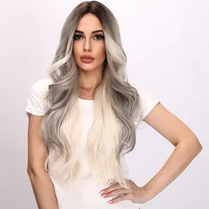 SMILCO/30-inch Gray Highlight Loose Wave without Bangs/SM1622 Heat Resistant Wig Synthetic Hair Grey Wigs Natural Wavy Wig