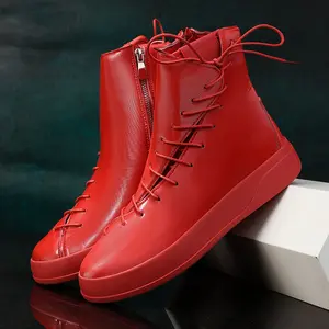 for the spring, summer and autumn of 2025, there are niche designs of red high-top shoes for men, shiny thick-soled casual boots, trendy British style, anti-slip, wear-resistant and height-increasing sports shoes