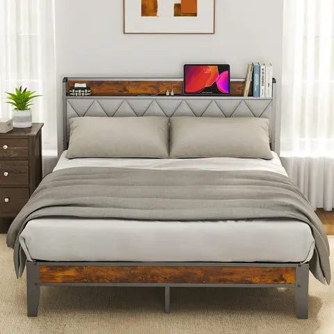 Queen Size PU Leather Upholstered & Metal Bed Frame with Wooden Storage Headboard, Full Size Compatible, Spacious Underbed Storage, Built-In USB Port, Durable Silent Structure, Tool-Free Assembly Required, No Box Spring Needed, Modern Classic Design