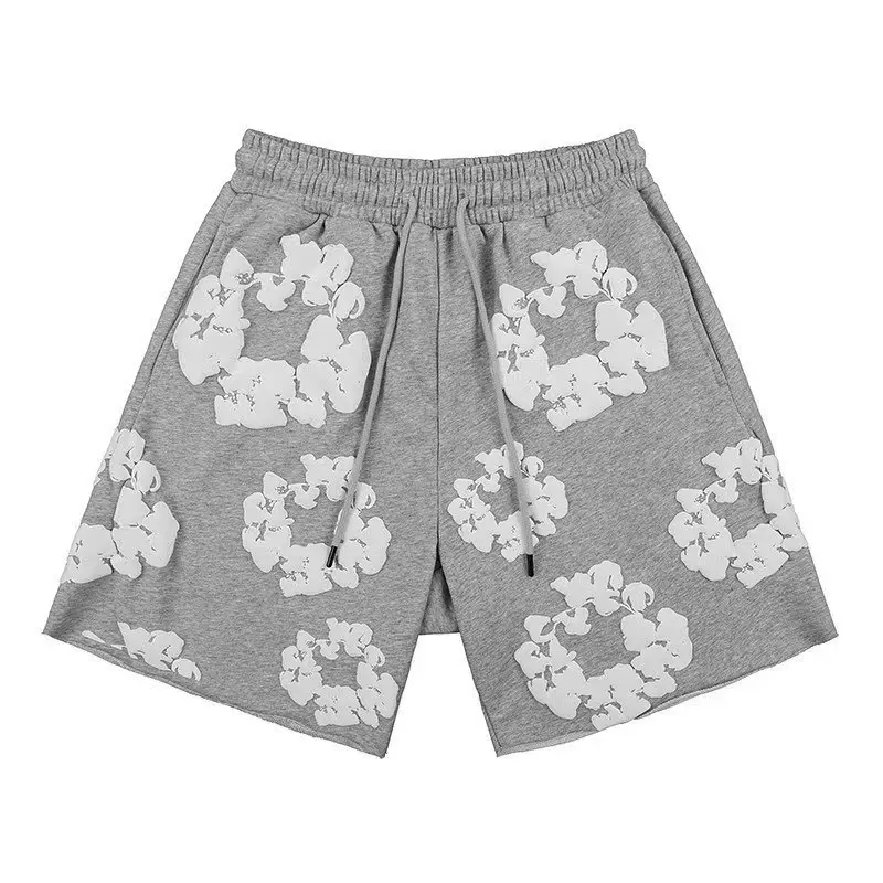 Denim Tears Style Puffy Cotton Shorts with White Kapok Flower Print - Unisex Loose Fit Streetwear Sweat Shorts for Summer Casual Wear