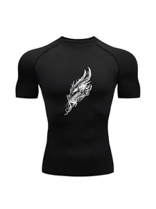 Men's Dragon Pattern Print Comfortable Running Training Compression Fitness Top, Suitable for Summer Lightweight, Quick-Drying, Breathable and Elastic Men's Version