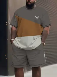 Men's Plus Size Streetwear Casual Modern Simple Colorblock Patchwork Print Short Sleeve Shorts Set, Loose-Fitting Summer