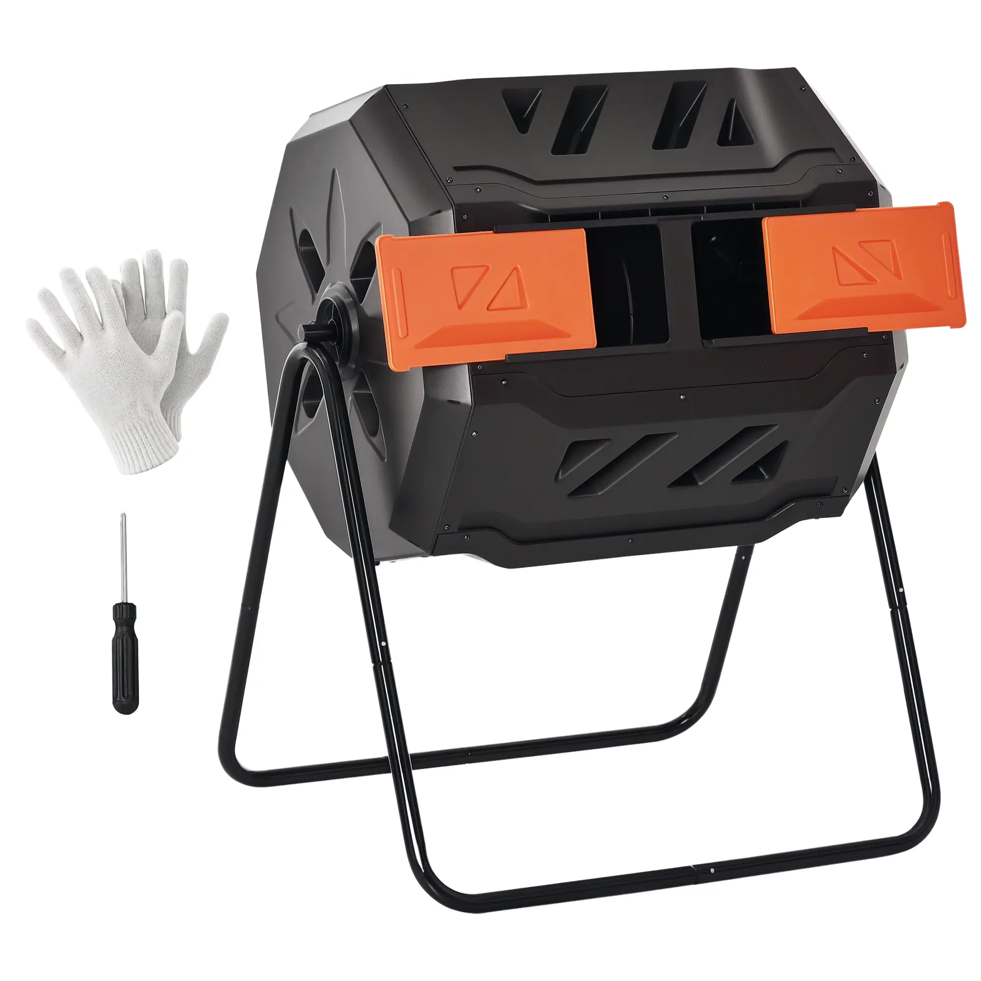 Tumbling Compost Bin – 360° Dual-Chamber Rotating Composter. 43-Gallon (42.3 Gal) Capacity, 16 Ventilation Holes. Robust Steel & Polypropylene Construction with Sliding Doors