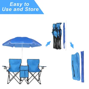 Double Folding Camping Chair with Cup Holder, 2 Seat Outdoor Chair w/Mini Table and Cooler, Portable Picnic Chair with Sun Shade Canopy Umbrella and Carrying Bag camp sports detachable