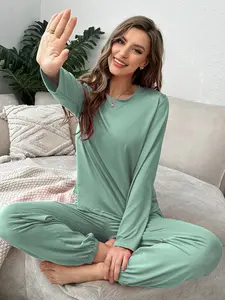 Women's Mint Green Solid Crew Neck Long Sleeve Pajama Set - Casual Spring & Summer Loungewear Homewear Sleepwear with Jogger Pants