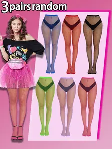 3 Pairs Random Color Solid Multicolor Rainbow Sexy Fashion Thin Mesh Fishnet Stockings, Sheer High Waist Fitted All Seasons