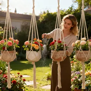 (4-Pack) Indoor and Outdoor Hanging Plant Pots with Cotton Rope Woven Pots