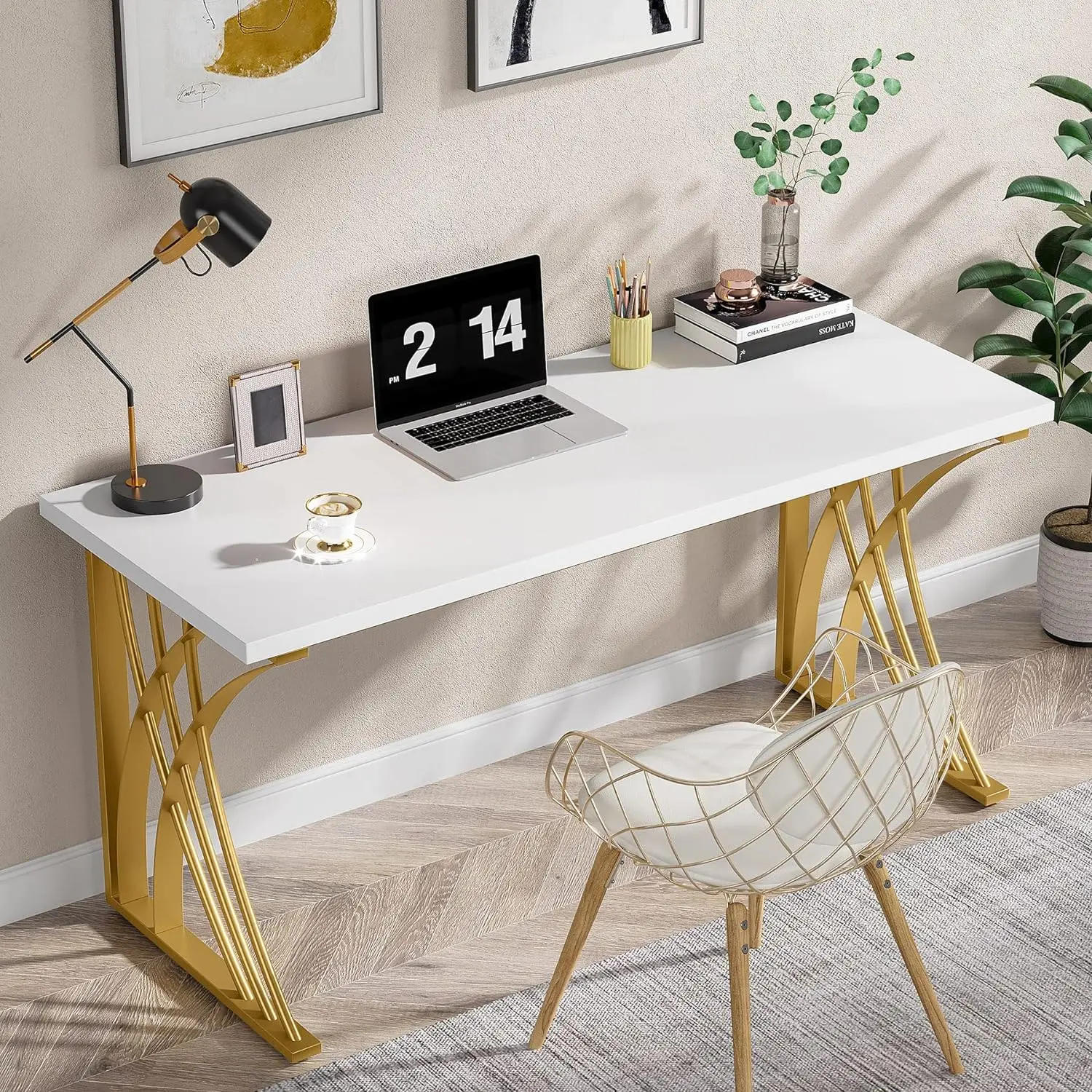 Tribesigns 55" Large Modern Computer Desk, White & Gold Luxury Laptop PC Student Table, with Thick Frame & Strong Legs, Sturdy Writing Workstation for Home & Office, Bedroom, and Study Room