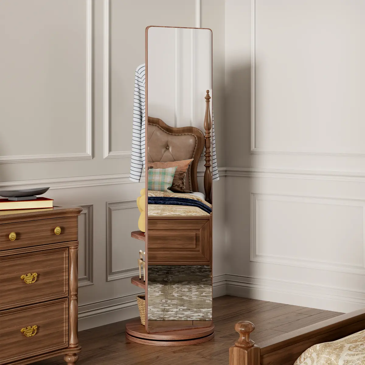 17.72*17.72*65.75 Inch 360° Rotating Full-Length Mirror with Coat Rack, Walnut Rubberwood Garment Mirror, 3-in-1 Standing Dressing Mirror with Stable Base for Bedroom Hallway Cloakroom