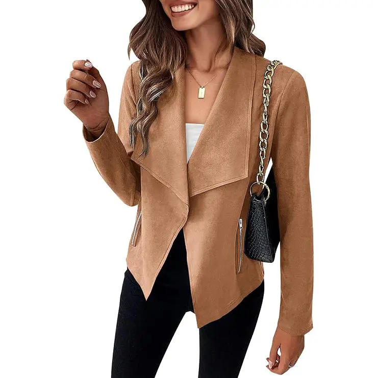 PrettyGarden Women's Fall Faux Suede Jackets Long Sleeve Open Front Cropped Coat Outwear