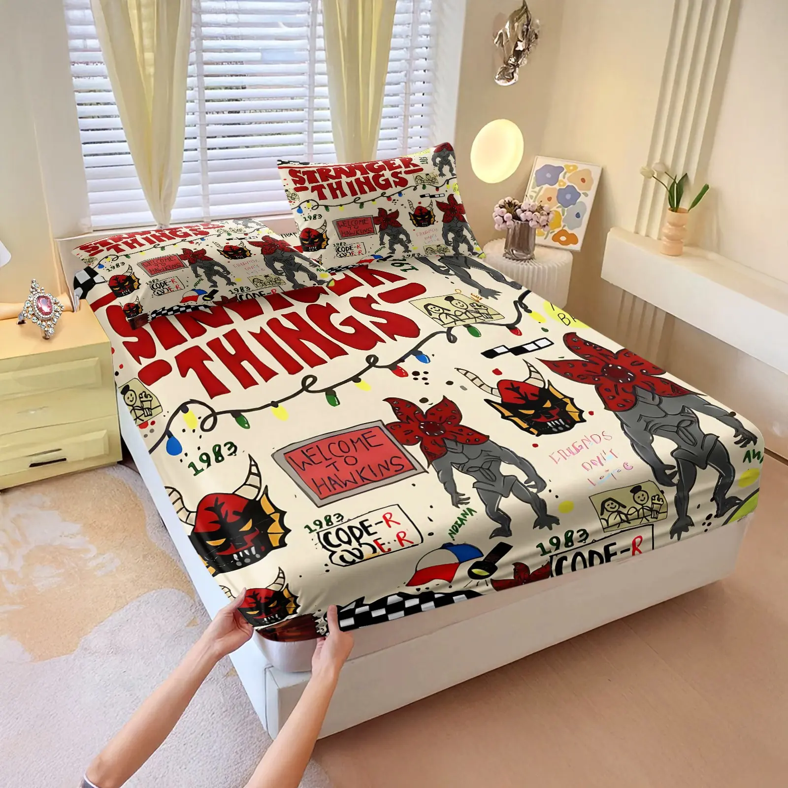 Stranger Things Demogorgon Fire Fitted Sheet Set Includes 1 Fitted Sheet & 2 Pillowcases, Super soft & Print Bedding, Bedding essentials, explodes with flaming monsters, retro graffiti & Hawkins 1983 vibes. Dive into the Upside Down every night!