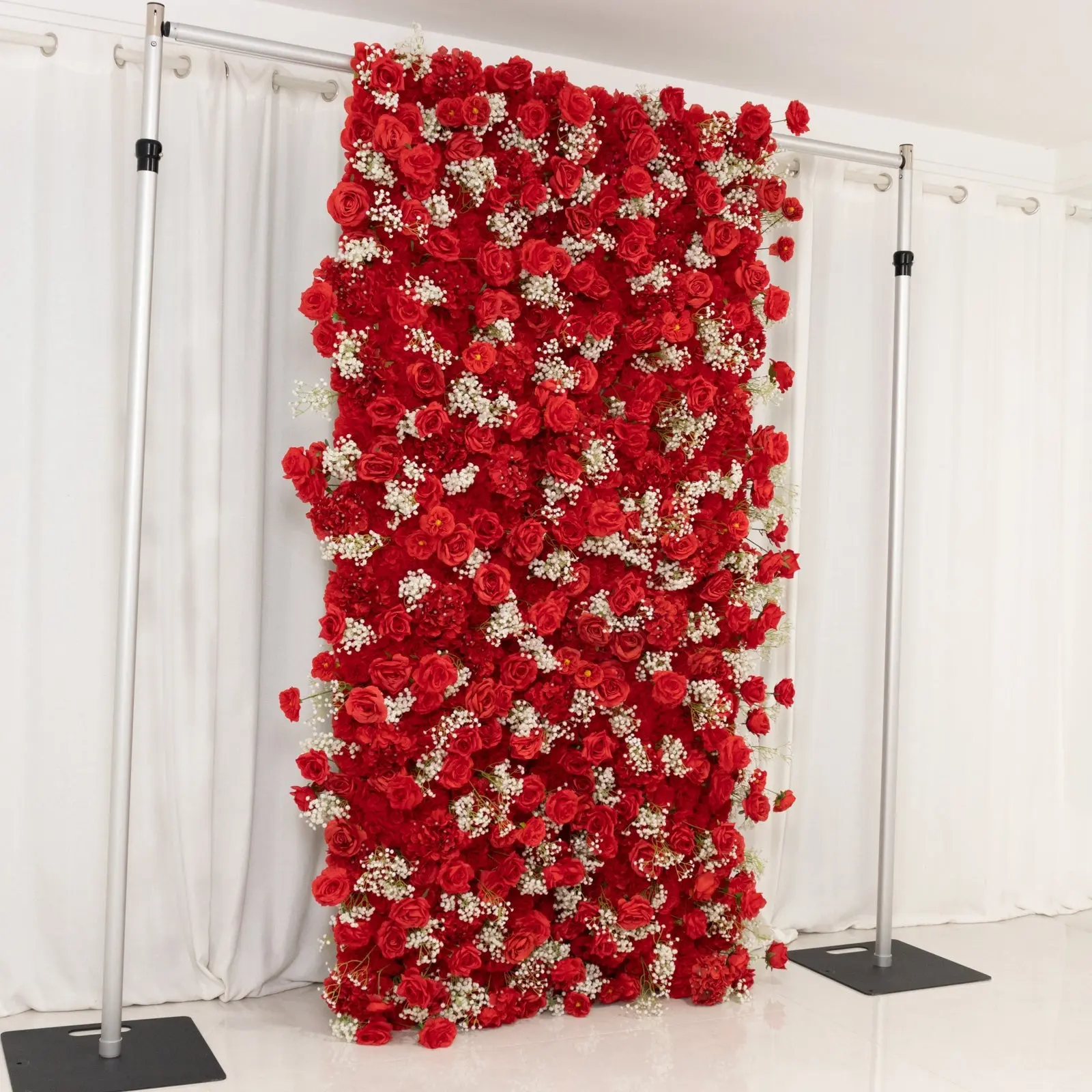 8ftx4ft Roll-Up Arched Floral Backdrop - Red Silk Roses & Baby's Breath Decorative Wall Panel, Realistic Wall-Mounted Home Supply, Ideal for Weddings, Garden, Coffee Houses, Perfect for DIY Enthusiasts, Plants-Infused Design