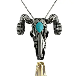 Curly Horns Artificial Turquoise Skull Argali Sheep Pendant Necklace Buckle with Detachable Horns - Western Style Accessories