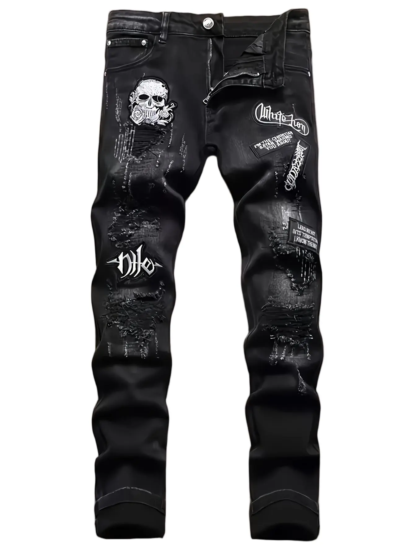 Black Skull Graphic Skinny Jeans, Y2K Gothic Distressed Stacked Denim Pants, Streetwear Punk Print Slim Fit Jeans, Dark Grunge Skeleton Printed Stretch Denim Trousers for Men