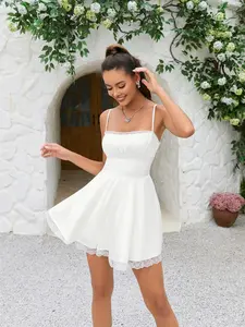 Ruched Backless Lace Splicing Satin Casual Dress, Perfect for Back-To-School, Graduation Parties, Wedding Guests, Dates, Banquets, Gatherings