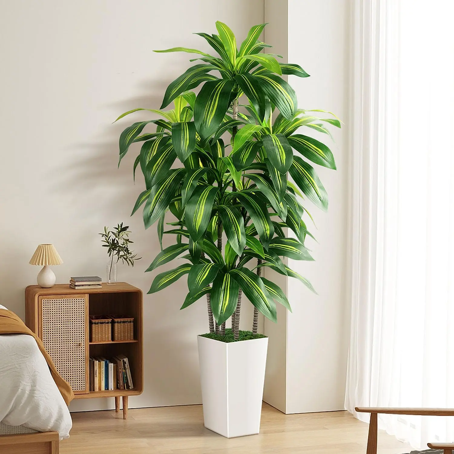 5FT Tall Artificial Dracaena Tree, Indoor Fake Yucca Potted Plant with White Tall Planter for Home Office Living Room Housewarming Decor