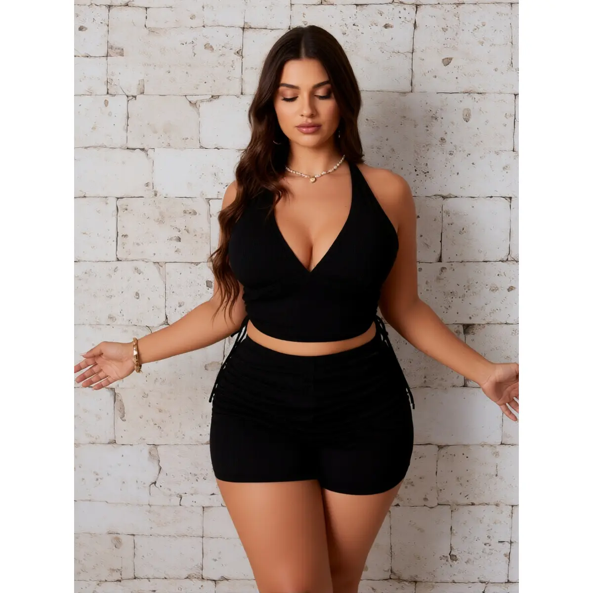 Women's Plus Size Ribbed Bikini Sets, 2-Piece Adjustable Tie Bikini with Deep V-Neck Ruched Halter Top & High Waist Tummy Control Boyshorts, Swimsuit Sets, Active Bikini Set
