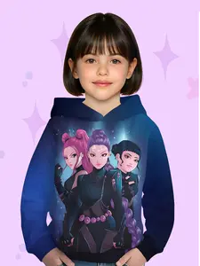 Girls' Cartoon Demon Group Hoodie, Long Sleeve Fitted Casual Style, Random Print, Fall & Winter Wear, Cute Kids Clothing, Graphic Casual Hoodie