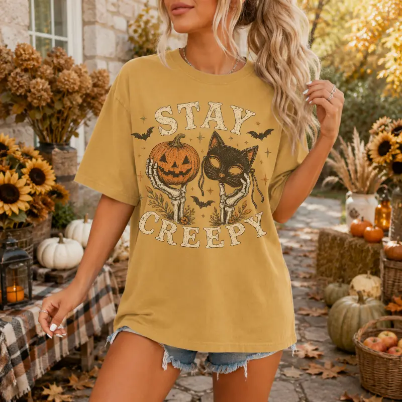 Stay Creepy cat with jack-o-lantern T-shirt | Halloween spooky bats design