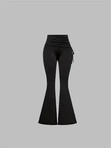 Women's Solid Color Tie Side Flare Leg Pants, Casual Bohemian Trousers, Casual Comfy Bell Bottom for Daily Wear, Ladies Bottoms for All Seasons