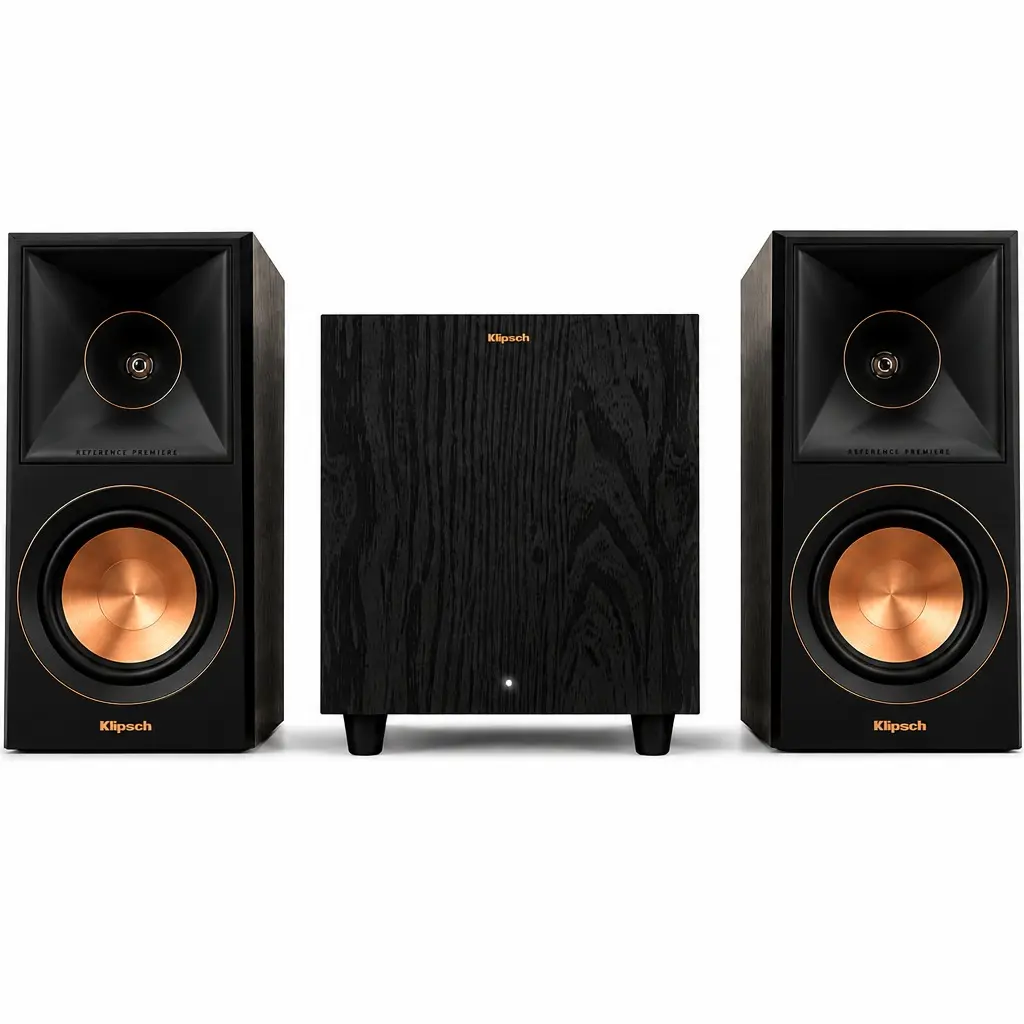 Klipsch Audio Bundle: Award-Winning RP-600M II Walnut Compact Bookshelf Stereo Speakers, 8-Inch R-80SWi Wireless Subwoofer, Bi-Wiring/Bi-Amping Capability, All-Digital Amplifier-Compatible for Deep Bass