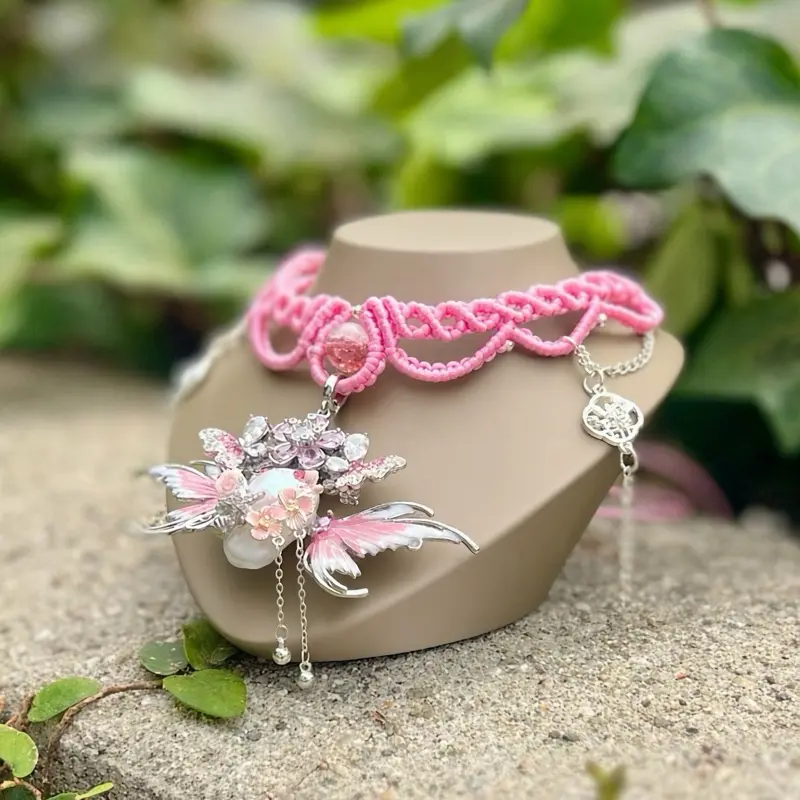 Pink Micro-Macrame Choker with Unique Baroque Pearl Fairy Pendant, hand crafted Necklaces for Women, Female Couple Gift Idea