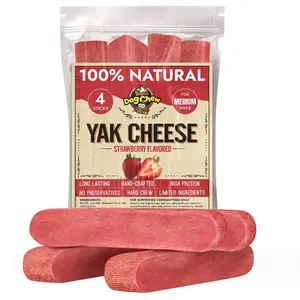 Tibetan Yak Cheese Dog Chew Sticks (4 Medium Chews) Strawberry Flavored - Natural, Handmade, Long-Lasting, Easy to Digest, Ideal for Medium Dogs and Aggressive Chewers, Rawhide, Grain and Gluten Free