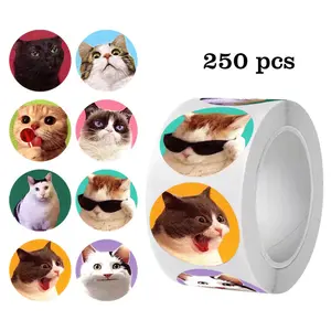Round cartoon animal expression stickers cute cat teacher reward handmade sealing adhesive labels