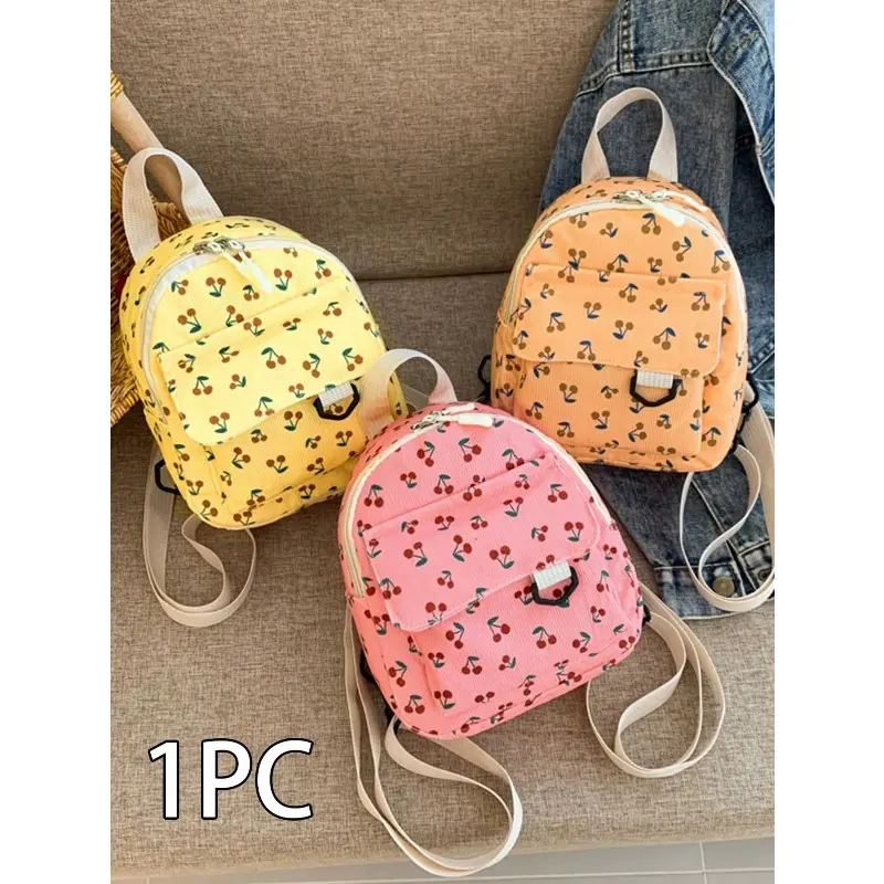 Cute Mini Cherry Print Backpack, Girl's Daily Travel Bag, Y2K Portable Solid Color Backpack, Velvet Phone Case, Keychain, Lightweight Casual Bag, Multifunctional Student Bag