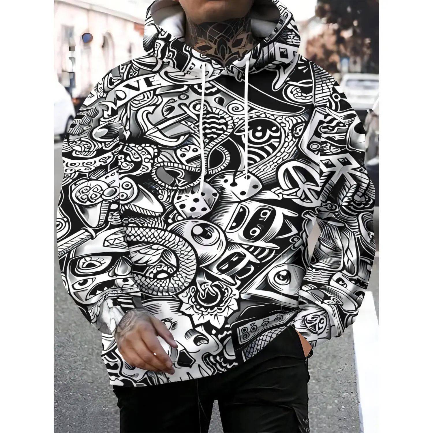 Men's Black & White Graffiti Print Hooded Pullover Sweatshirt - Abstract Elements, All-Season Warmth, Machine Washable