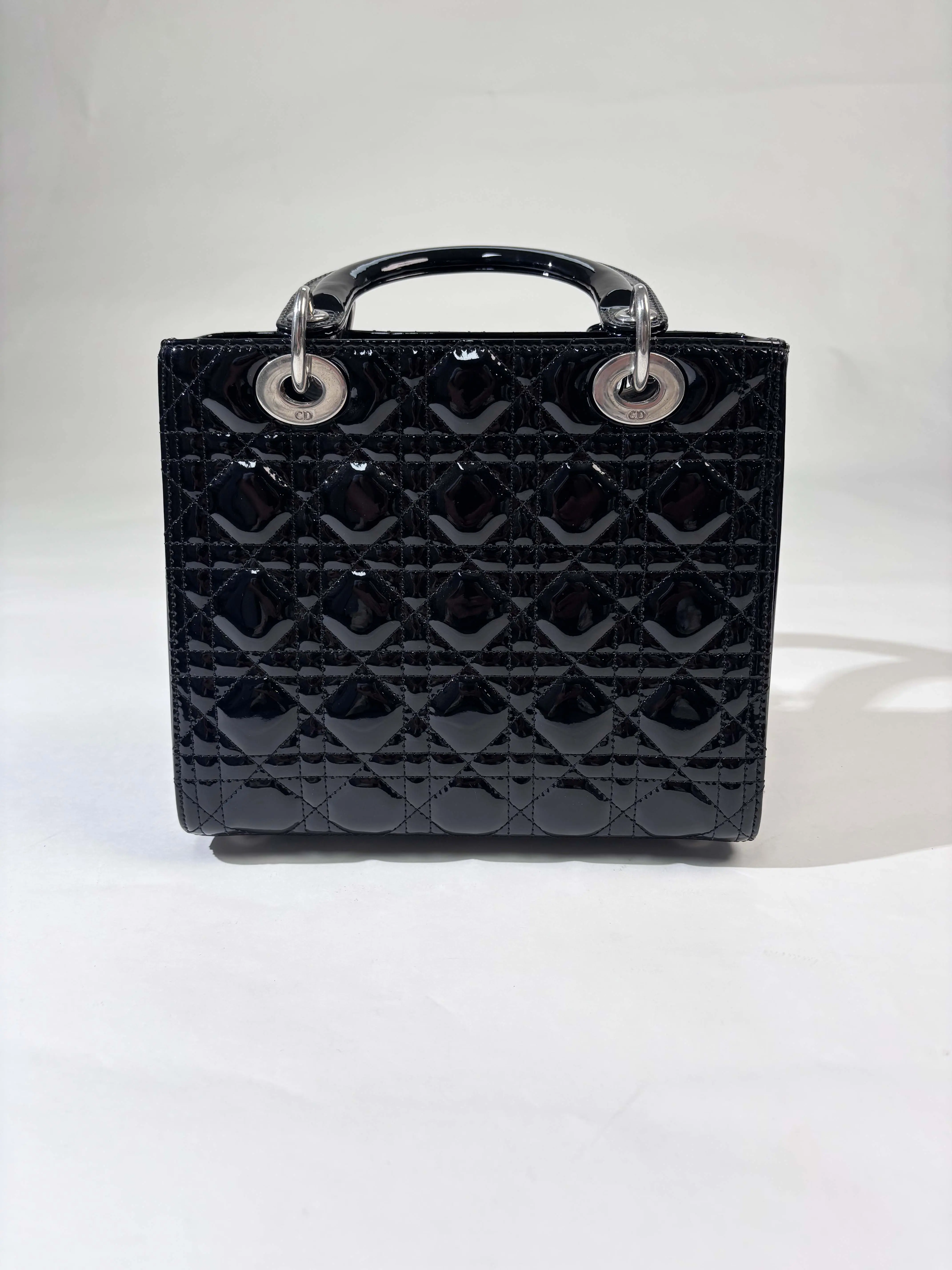 Pre-owned Dior Leather Top Handle Bag Christian Lady 7 Cannage Black Patent Handbag, Silver Hardware Vintage Top Handle Crossbody Bag for Women