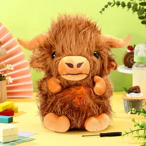 Highland Cow Stuffed Animals Relief Plush Toy with Rhythmic Breathing Motion Music Lights Portable Cow Plush Toy with Light and Music Features for Kids