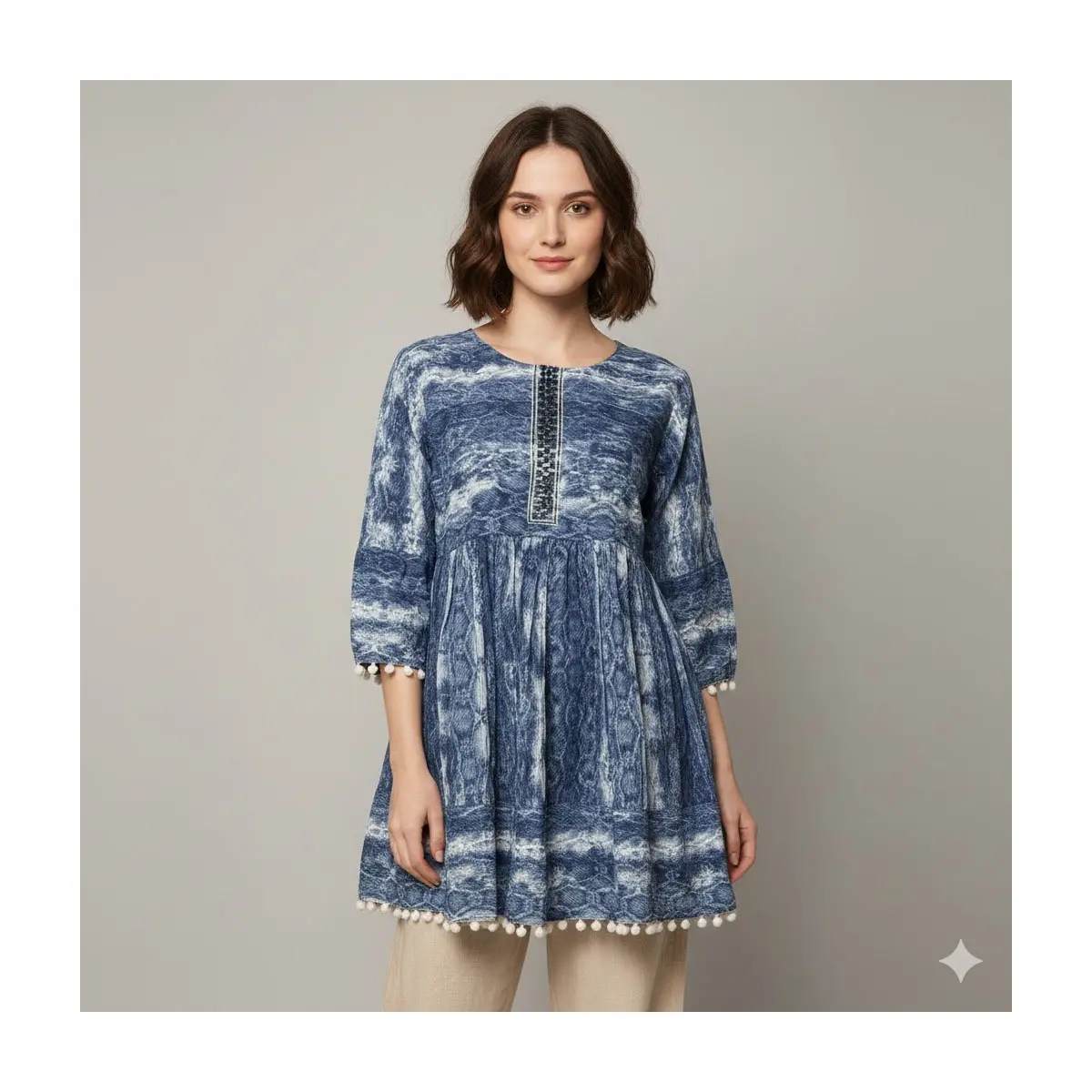 Bohemian Navy & Cream Tie-Dye Tunic with Beaded Center & Pom-Pom Trim - Relaxed Fit for Casual & Festival - 3/4 Length Sleeves - Autumn Style