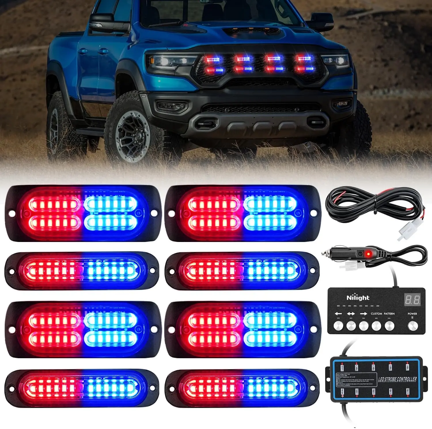 Nilight 8PCS LED Strobe Modules with 1x Control Panel, 1x Main Control Box, 12-24V Sync Flashing, Aluminum Shell, Wire Installation, 18 Patterns, Surface Mount Automotive Safety Work Strobe Lights for Trucks, Vehicle Emergency Lights