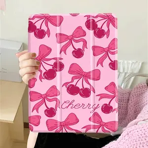 Pink cherry bow pattern, with adjustable bracket and pen slot, foldable non-slip TPU protective case, suitable for iPad mini, iPad Air, iPad Pro/iPad 10th generation, 11th generation and other series iPad protective cases