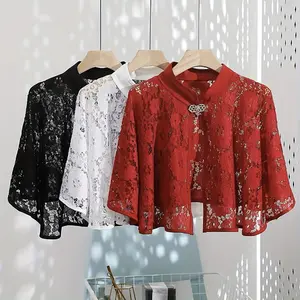 [Vintage Lace Cardigan] Lightweight Elegant Vintage Lace Cardigan - Open Front Shawl in Black, White, & Red with Floral Patterns - Ideal for Weddings & Chinese Style Elegance