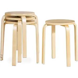 Stackable Bentwood Stools Set of 4, 18-Inch Height Backless Counter Chairs with Round Top, Anti-Slip Felt Pad, Portable School Stool for Dining Room, Kitchen, Classroom, Birch