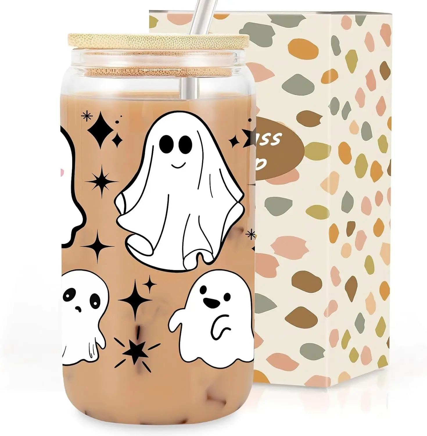 16 oz Stylish Stainless Steel Halloween Drink Glass Cups with Lid, Straw and Bamboo Accents, Cute Ghost Iced Coffee Tumblers, Spooky Gifts for Women